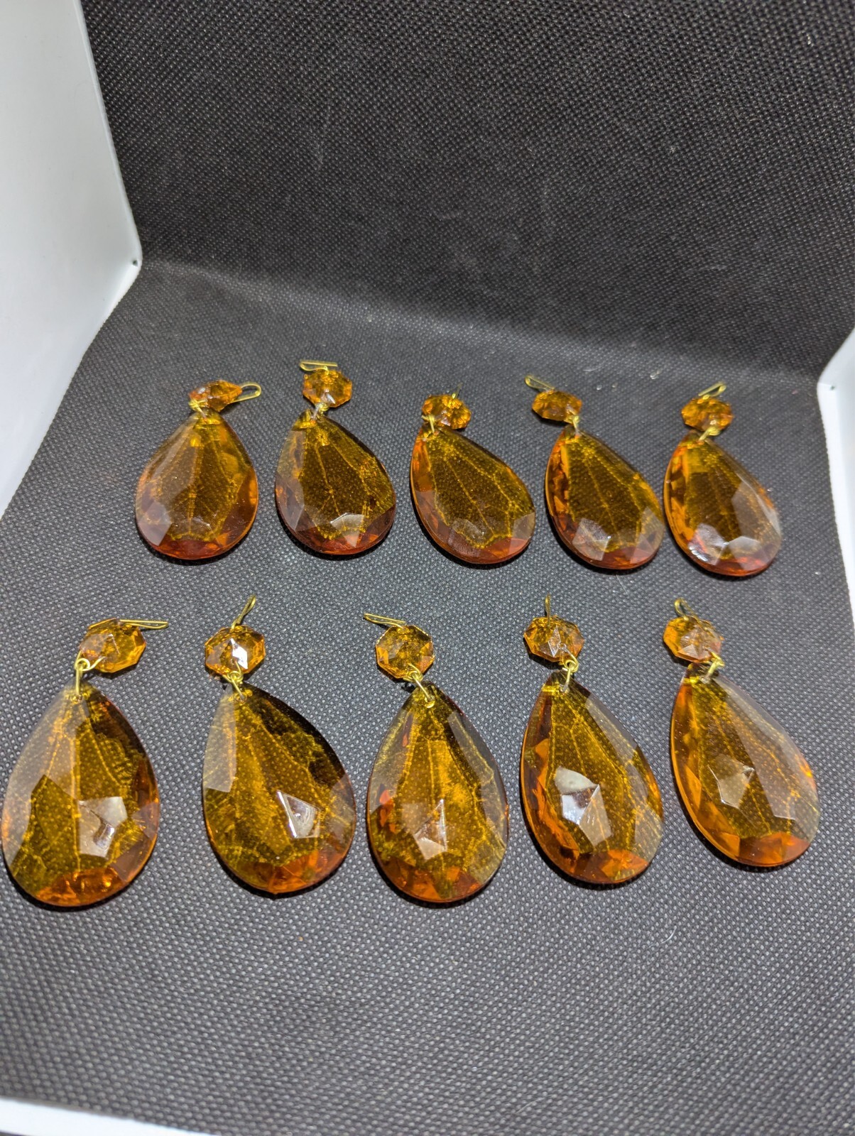 LOT OF 10 NOS VINTAGE ITALY AMBER GOLD CRYSTAL TEARDROP CHANDELIER PRISM PART 2"