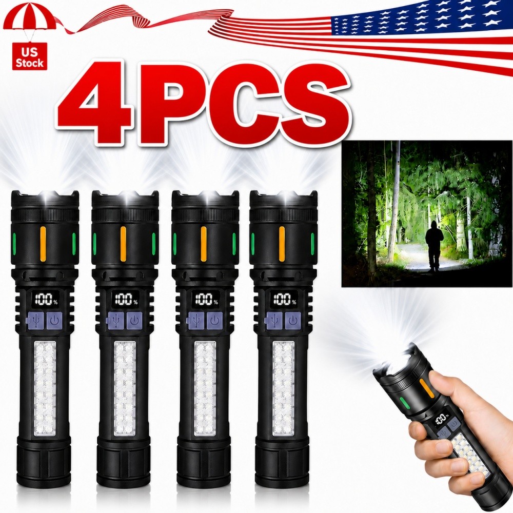 4PC 99000000 Lumens Super Bright LED Tactical Flashlight Rechargeable Work Light