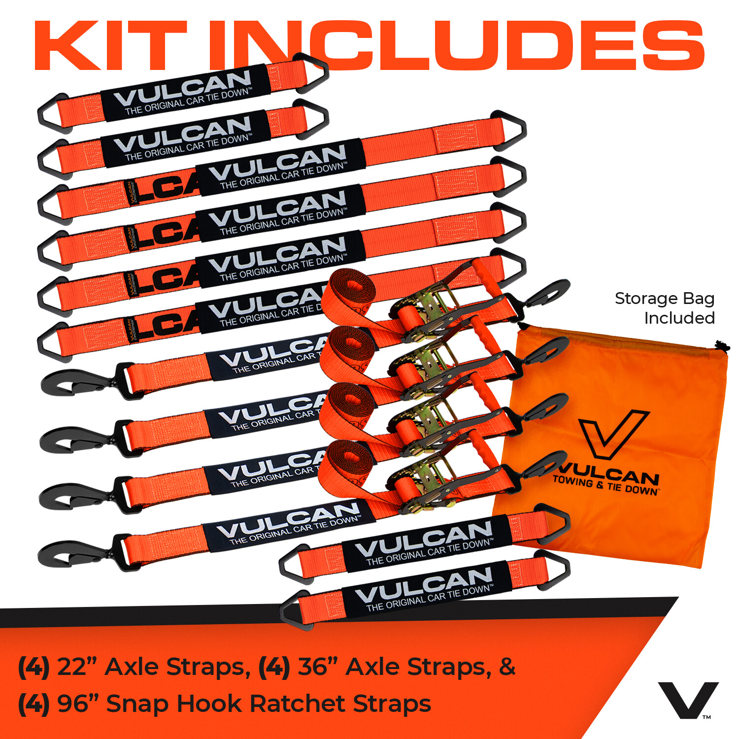 VULCAN PROSeries Orange Axle Strap Tie Down Kit - Snap Hook Ratchet Straps