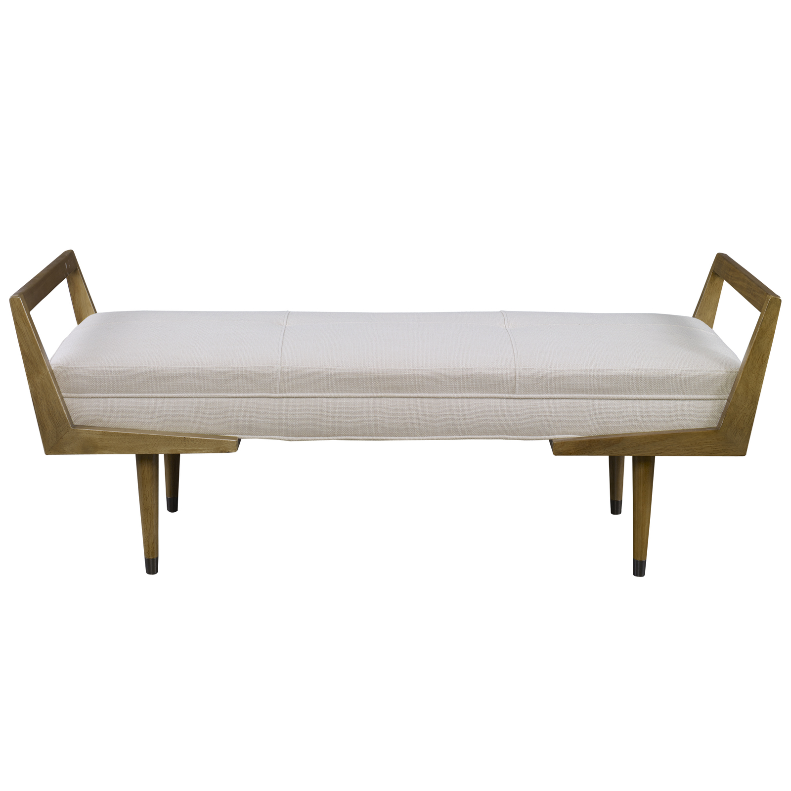 Modern Midcentury Ivory Cushion Long Bench Exposed Light Wood Frame Two Tone
