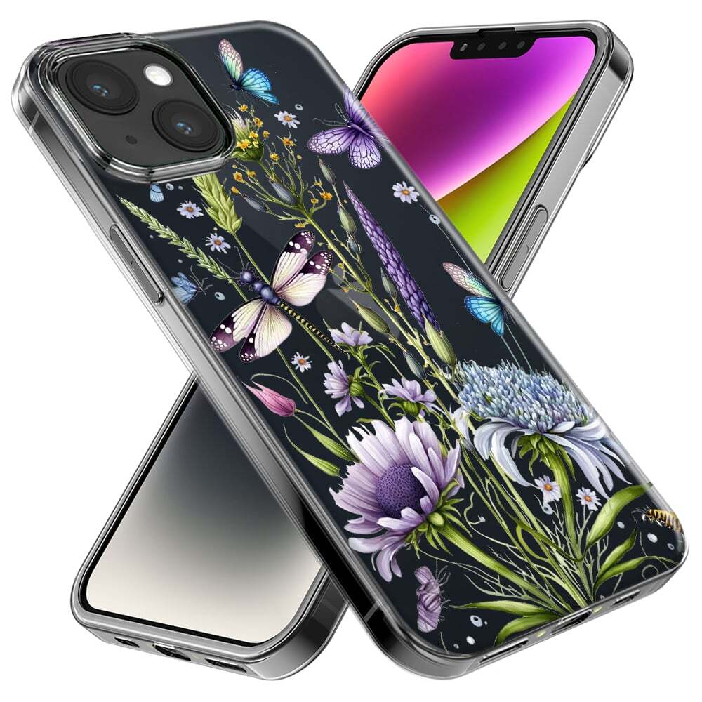 For Apple iPhone 14 Shockproof Case Dragonfly Butterflies Flowers