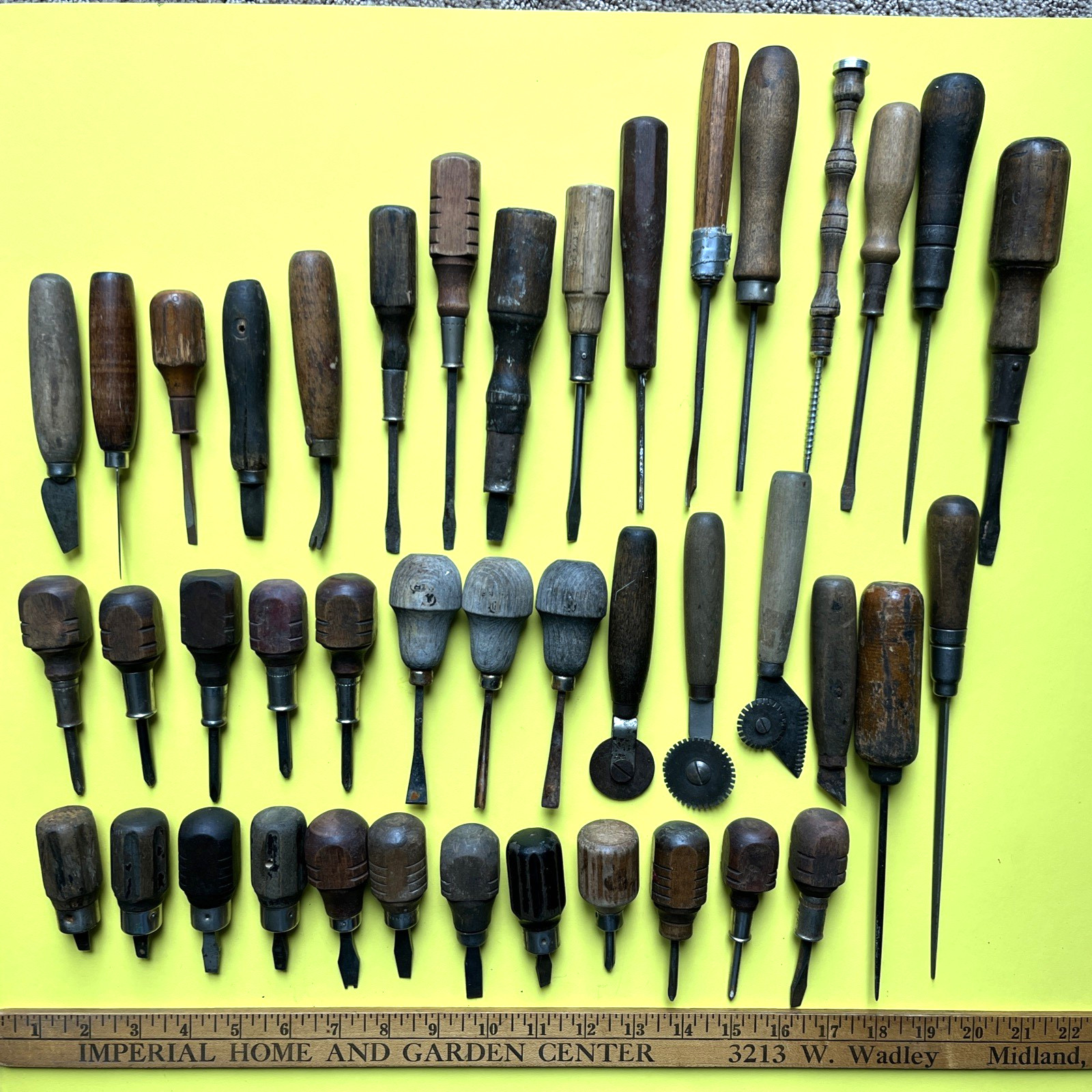 Lot of 42 Antique/Vintage Wood Handled Stubby Screwdrivers, Chisels, Awls Tools