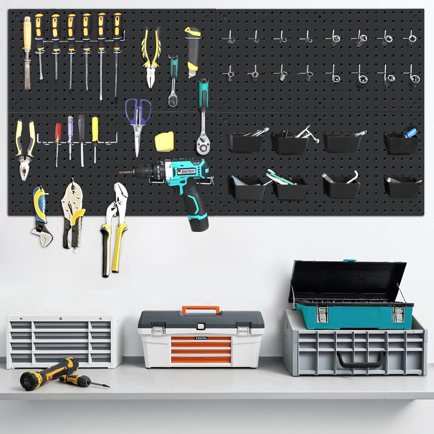 158PCS Metal Pegboard Kit with Hooks for Wall Garage Tools Pegboard Storage Syst