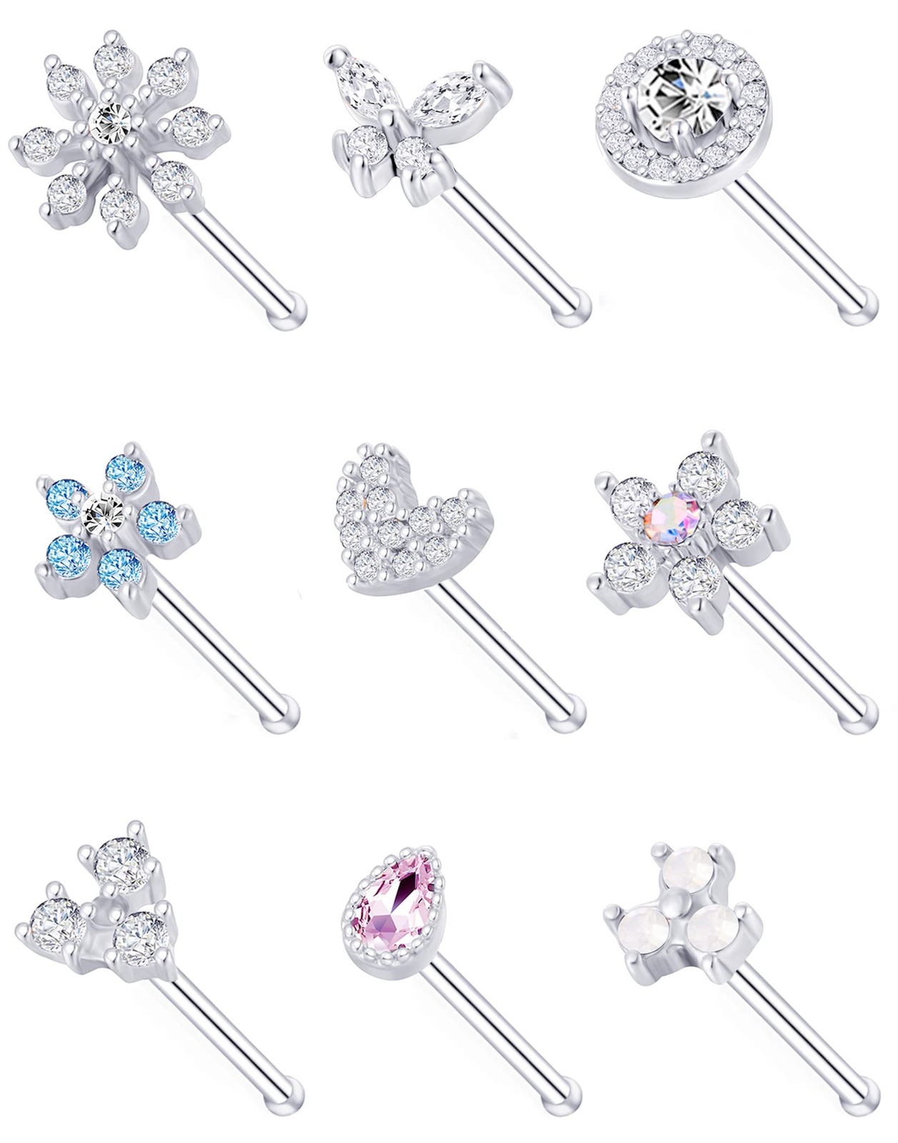 Tornito 9Pcs Nose Rings Stud Bone Shaped 20, D:Silver Tone&Bone