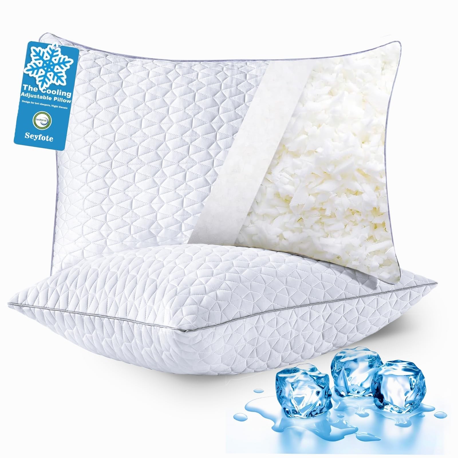 Cooling Shredded Memory Foam Pillows King Size Set of 2, 20 x 36 in, White | ...