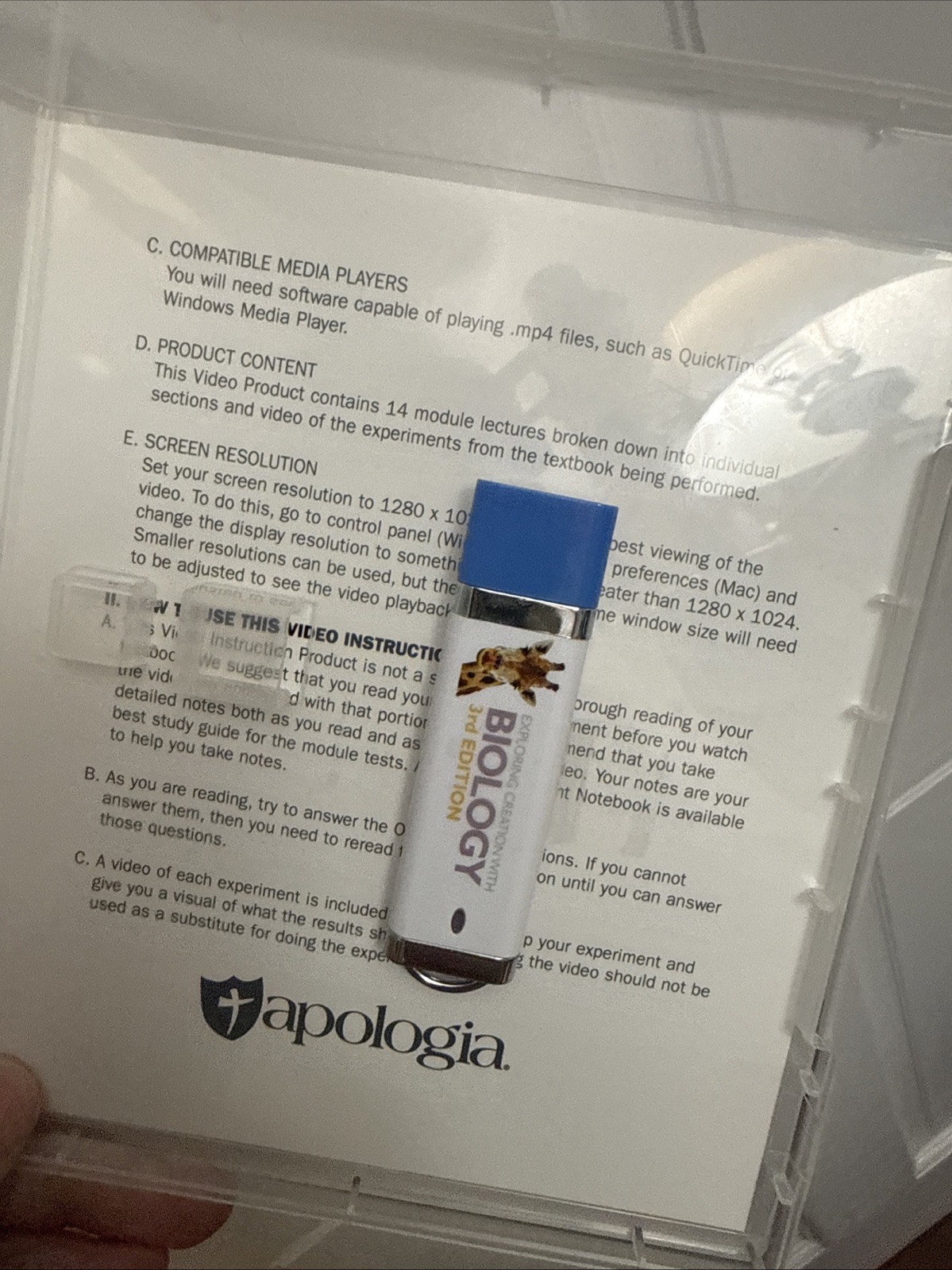 Apologia Biology (3rd ed) video instruction THUMB Drive