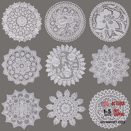9 Pack 12" White Lace Doilies - Embroidered Polyester Table Doilies - Round