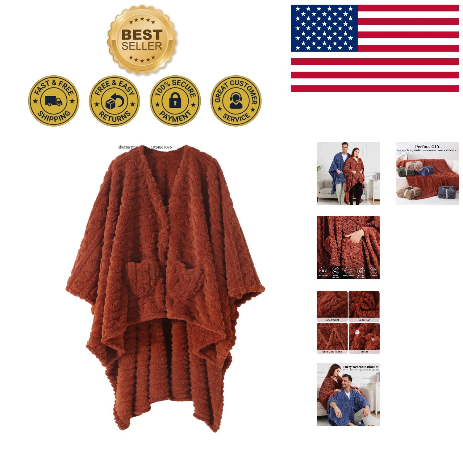 Cozy Sherpa Fleece Wearable Blanket Poncho with Pockets - 58'' x 64'' Caramel