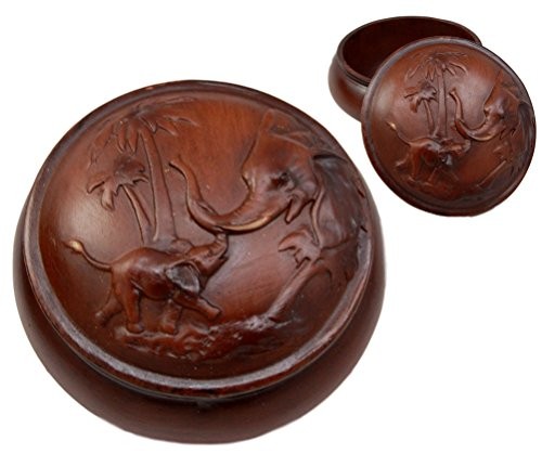 Faux Wood Safari Elephant With Calf Rounded Jewelry Trinket Decor Box 4.25"D