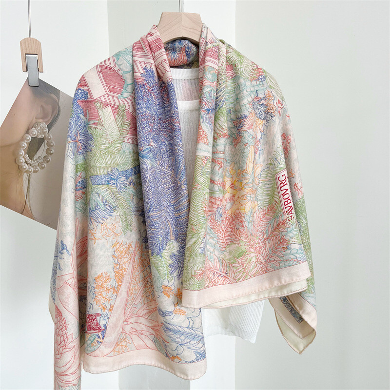 Pure 70% Cashmere 30% Silk Wrap Scarf Garden Flowers Double Face Print Shawl 53"