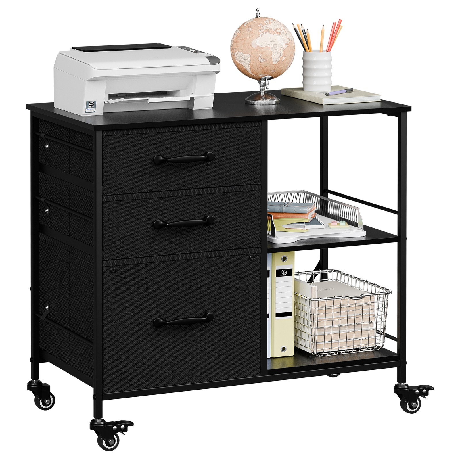 3 Drawer Mobile File Cabinet Wood Filing Cabinet Printer Stand w/ Shelves Black