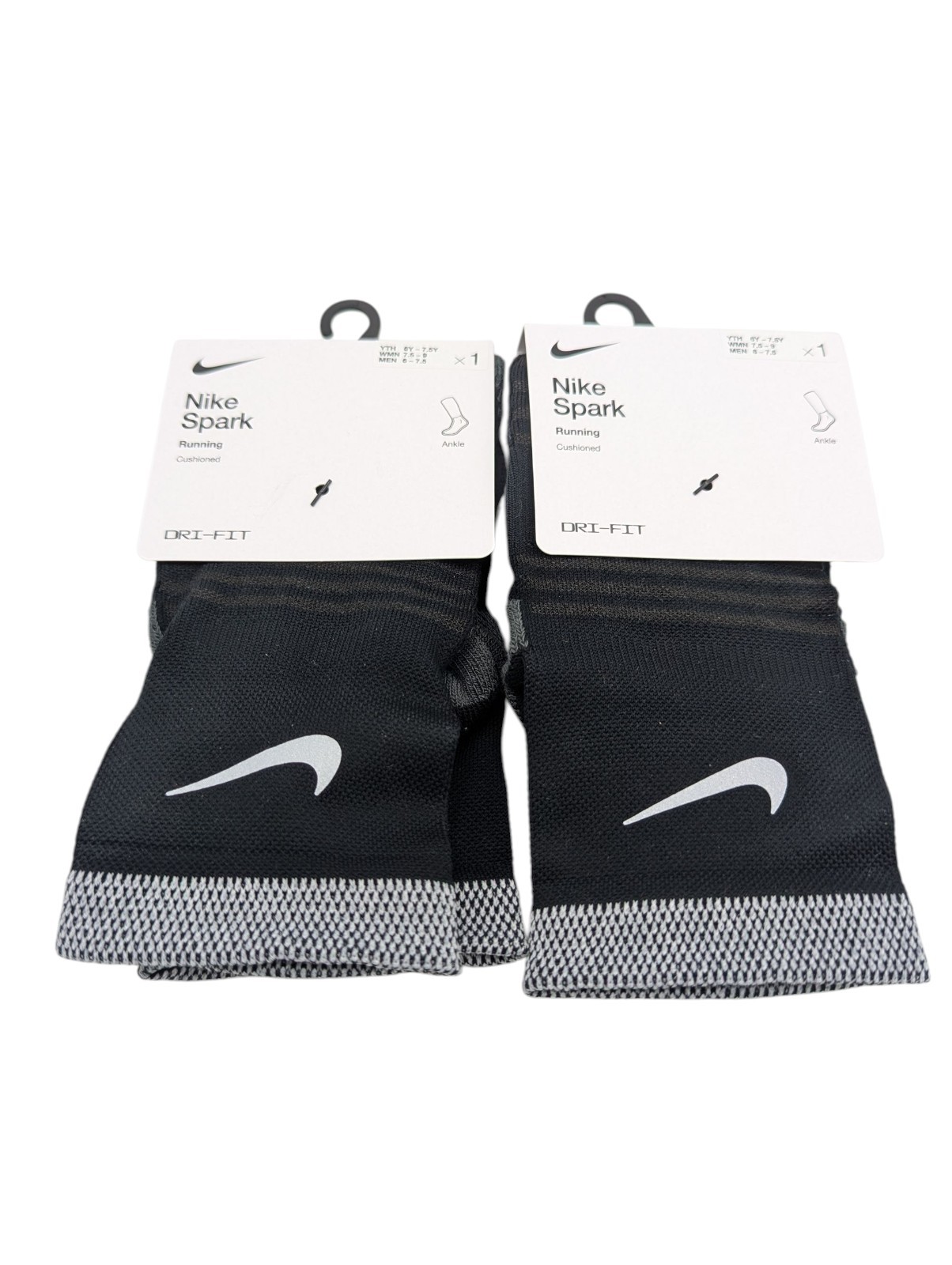 2 Pairs Nike Dri-Fit Spark Running Ankle Socks Black Mens 6-7.5 / Womens 7.5-9