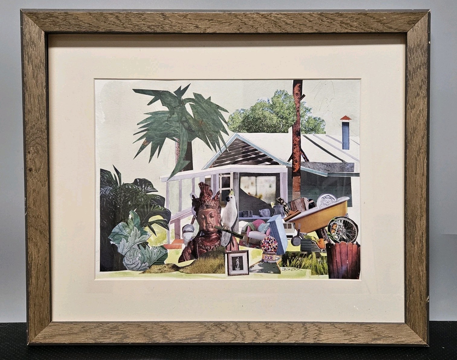 "Cracker House" Collage Framed 19¼" x 16" Tall Signed Barbara Kerr **READ**