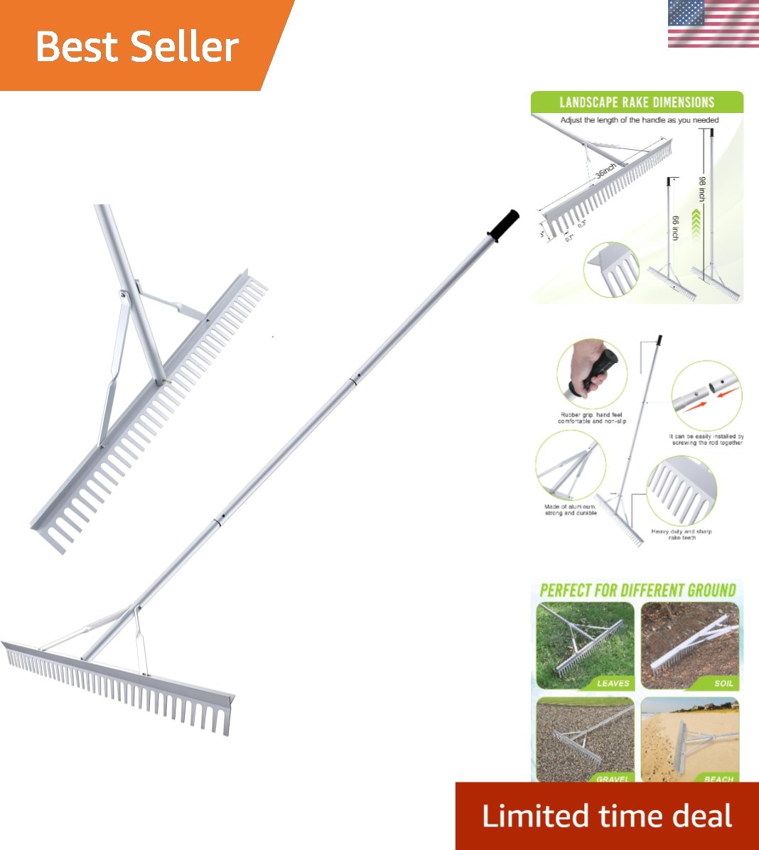 Easy Assembly 36 Inch Aluminum Rake - Heavy Duty Design for Gardening Efficiency