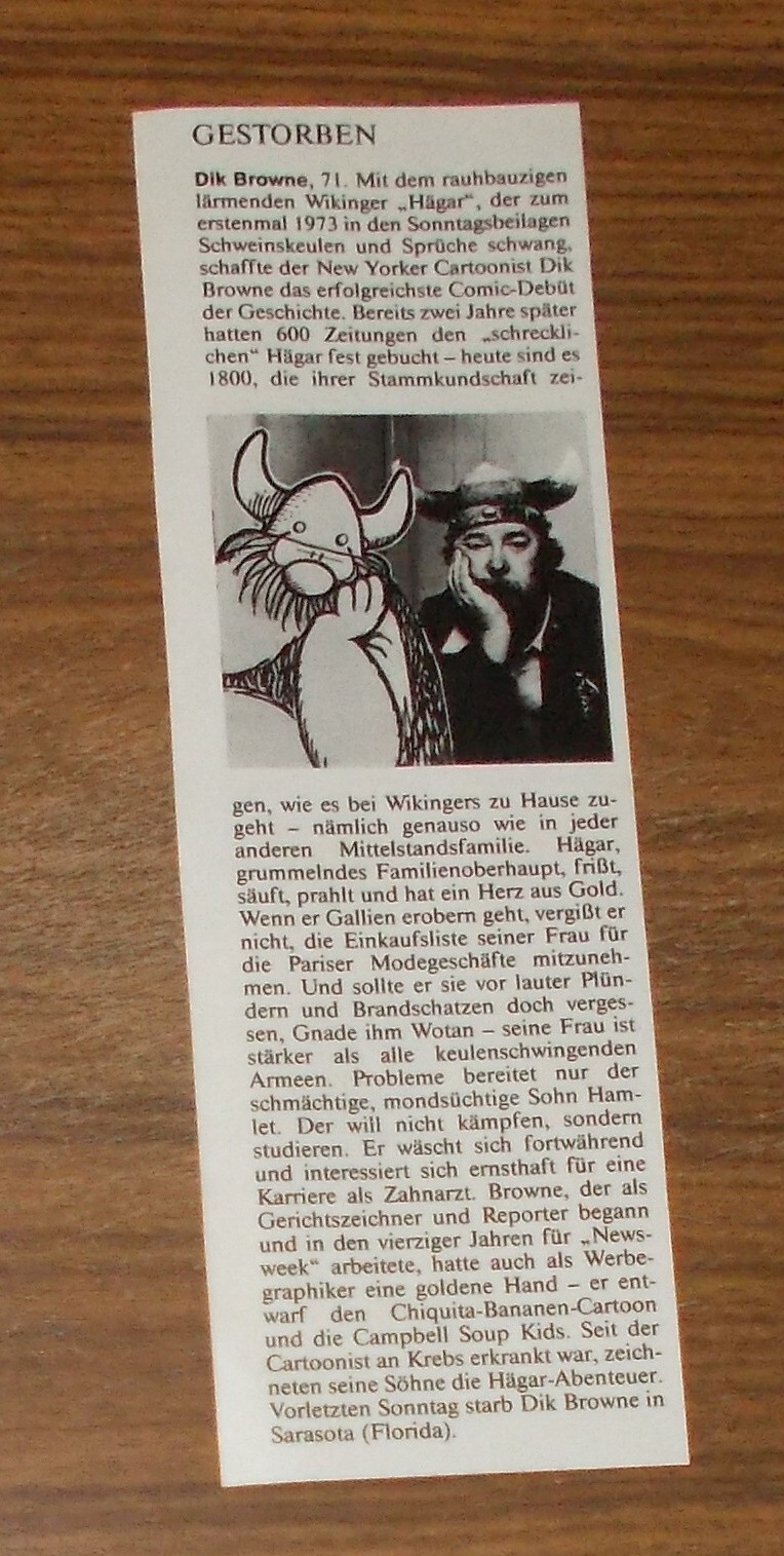 Rare Report | Article Death DIK BROWNE Hägar Cartoonist 1989