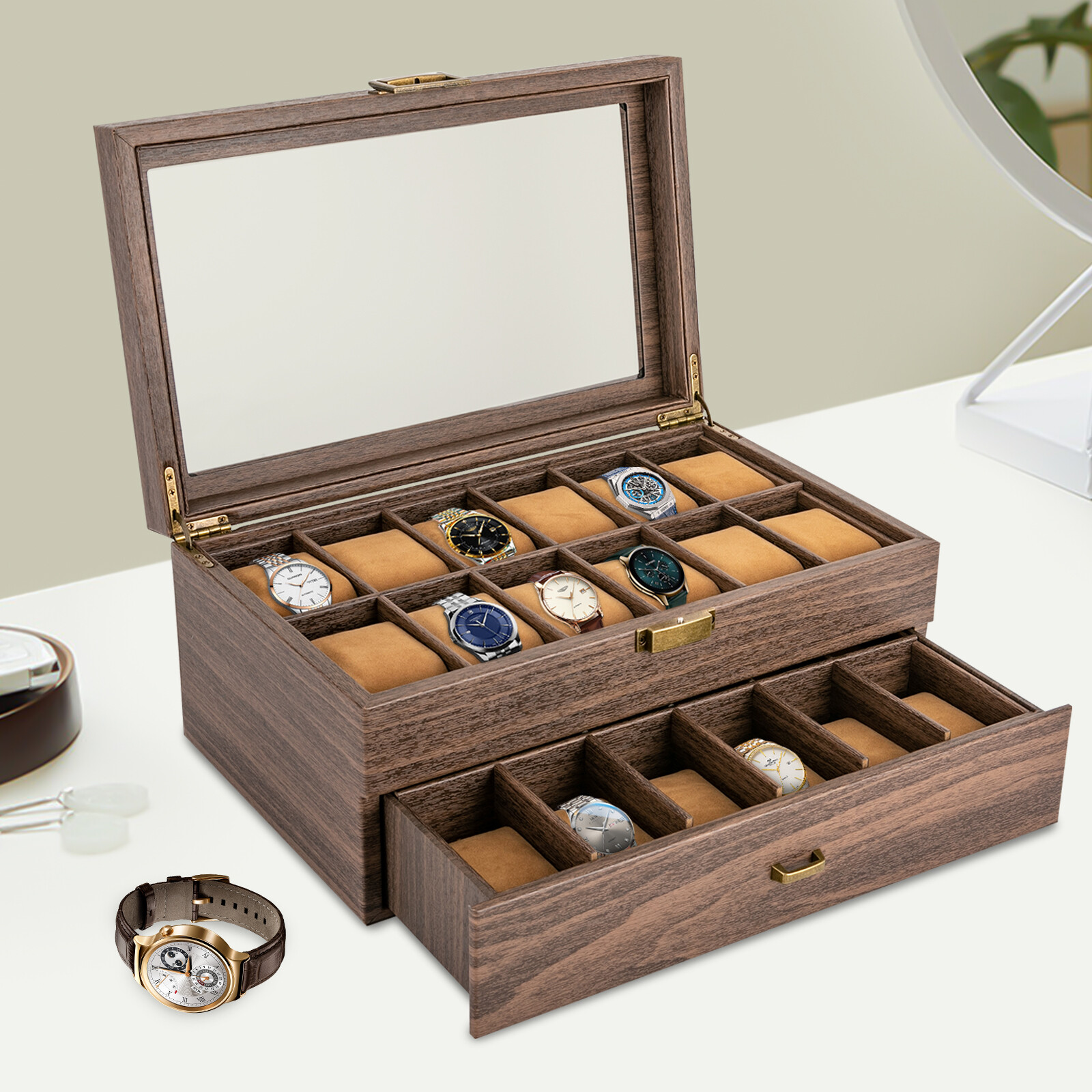 24 Slots Watch Box Watch Case Mens Jewelry Holder Watch Display Case w/ Drawer