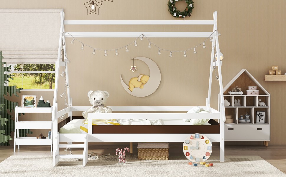 Full House Platform Bed with Stairs, Solid Wood Frame, White