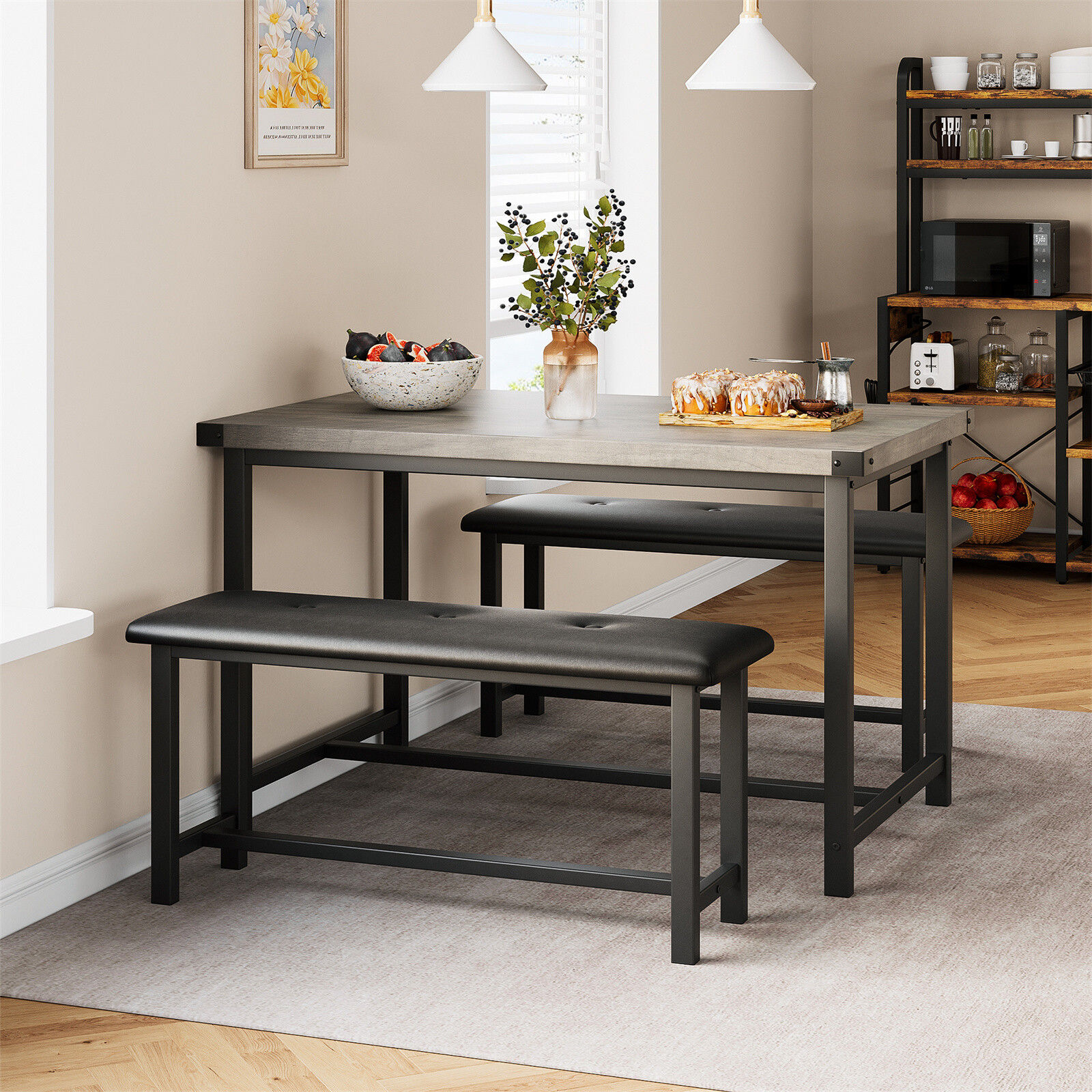 📶Kitchen Table Set with 2 Benches Rectangular Dining Table for 4 Upholstered