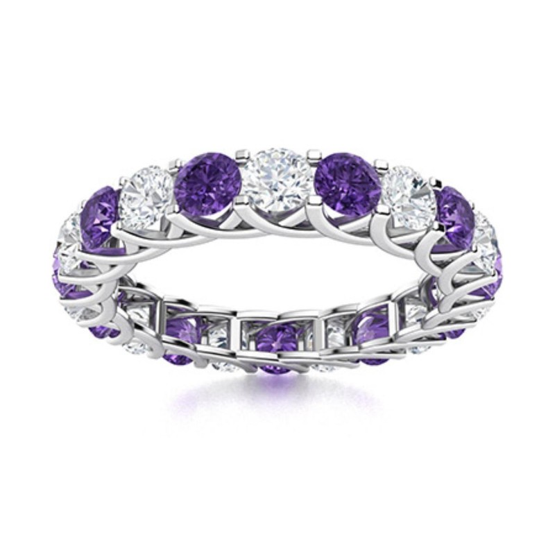 Full Eternity Band Ring 2MM Round Amethyst 925 Sterling Silver Ring For Women
