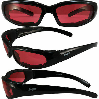 MotoFrames Chill Padded Motorcycle Riding Glasses Black Frames Anti-Fog Red Lens
