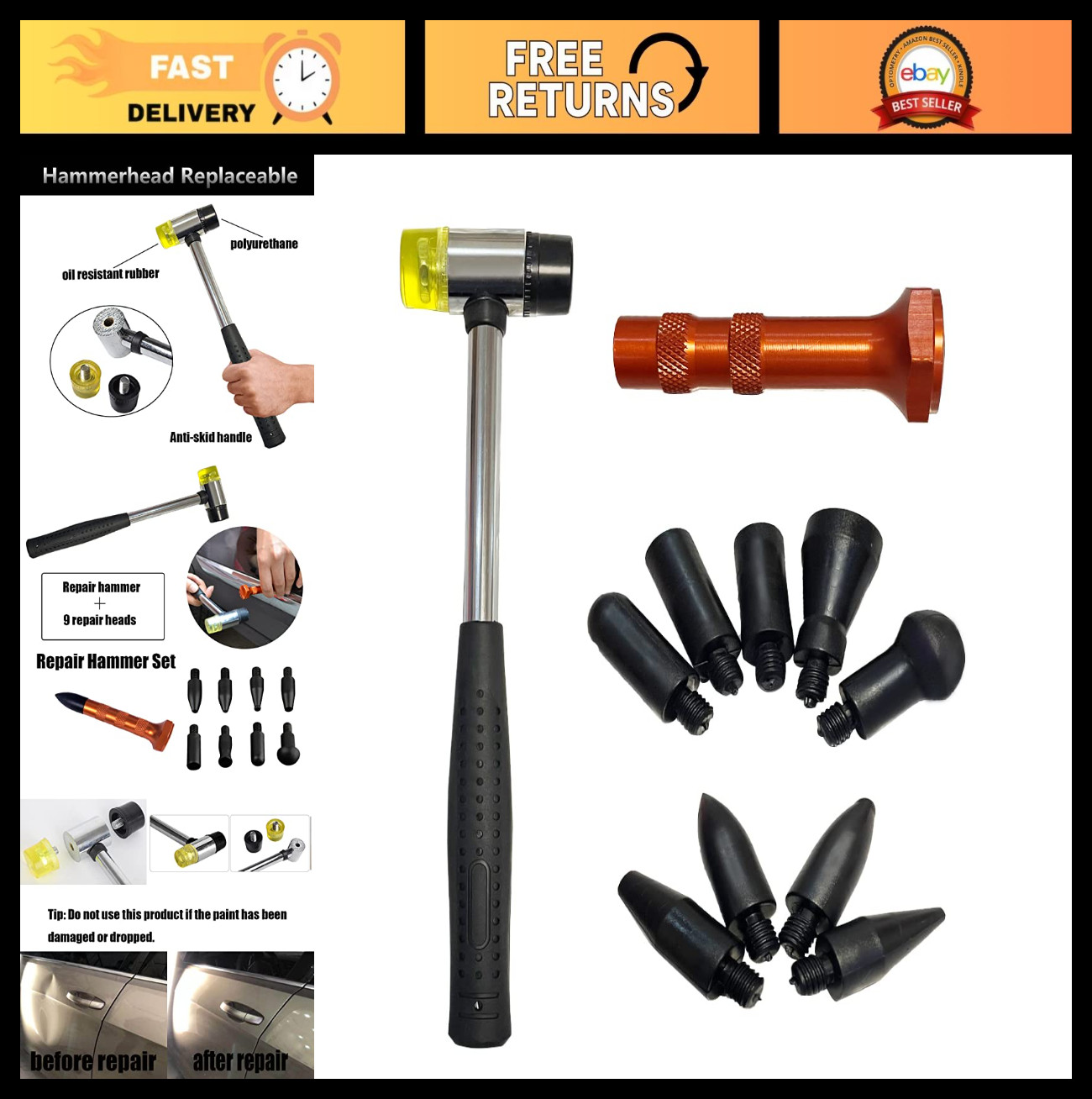 10Pcs Paintless Dent Repair Tool Kit - Rubber Hammer & 9 Tap Down Tools for Auto