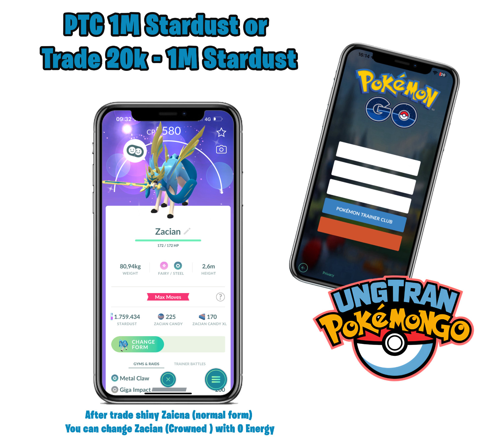 Shiny Crowned Sword Zacian lvl50 3 moves P T C or Tr-de 1M - 20k stardust