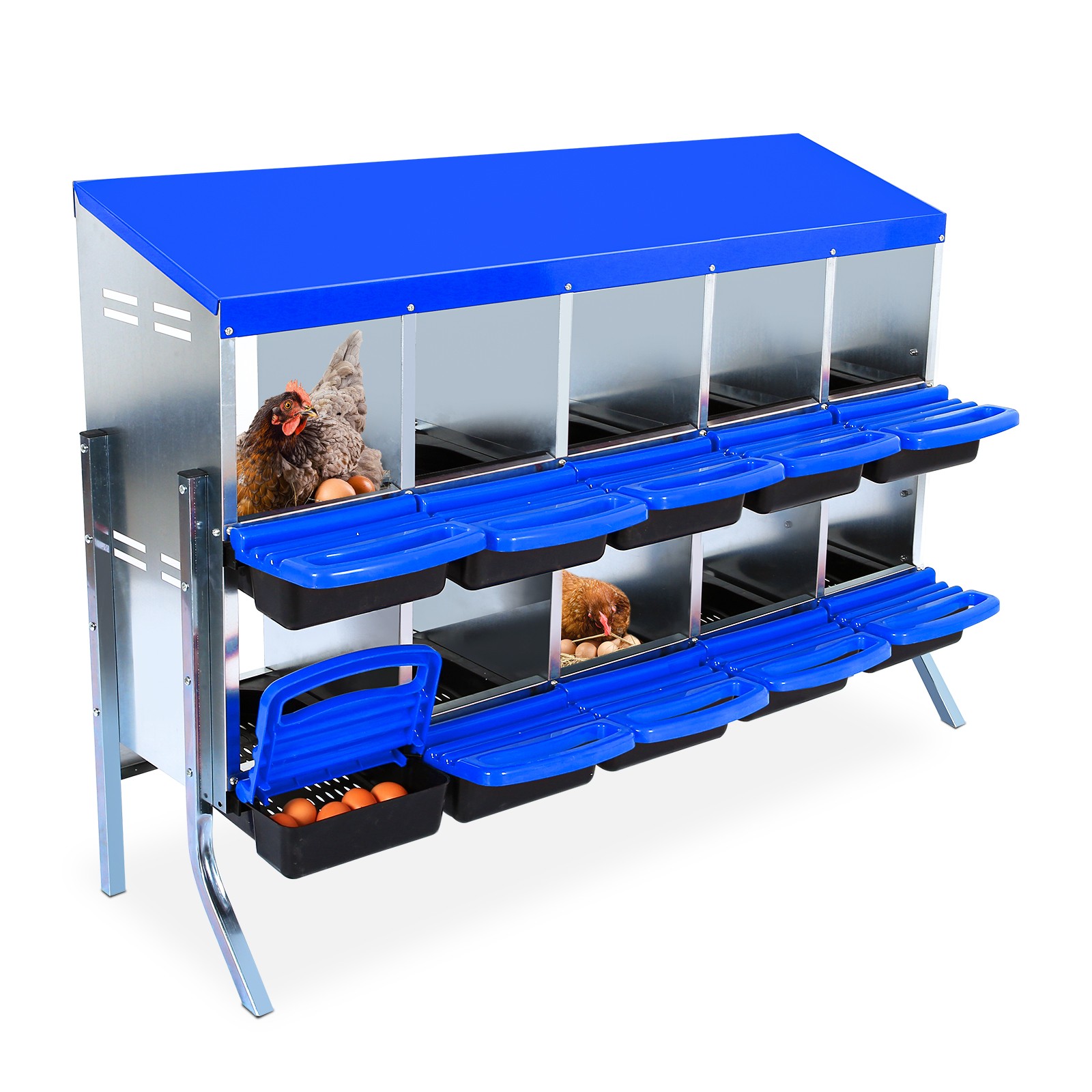 Metal Chicken Nesting Box 10-Compartment Roll Away Nest Box, Protective Lid