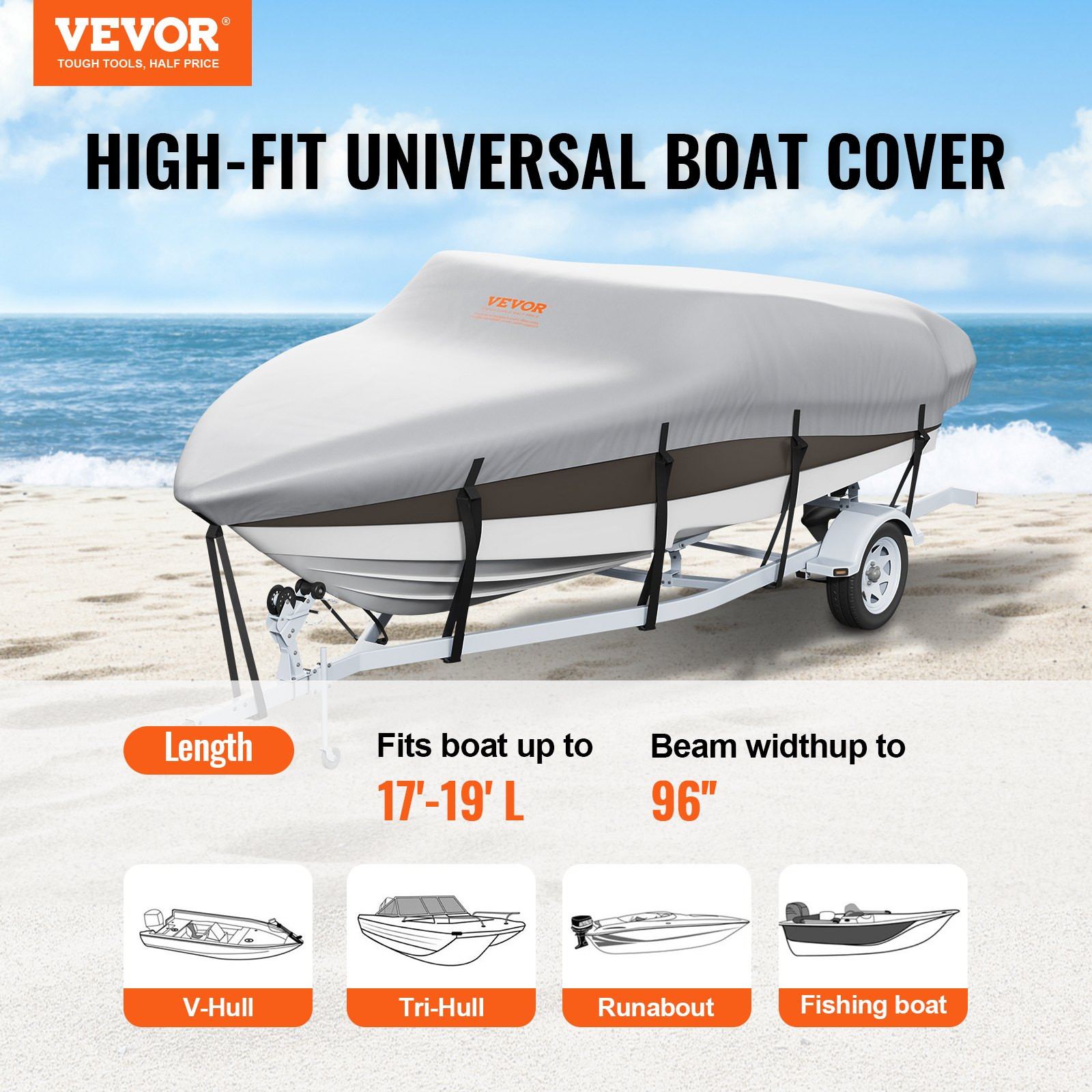 Boat Cover, 17'-19' Trailerable Waterproof Boat Cover, Grey