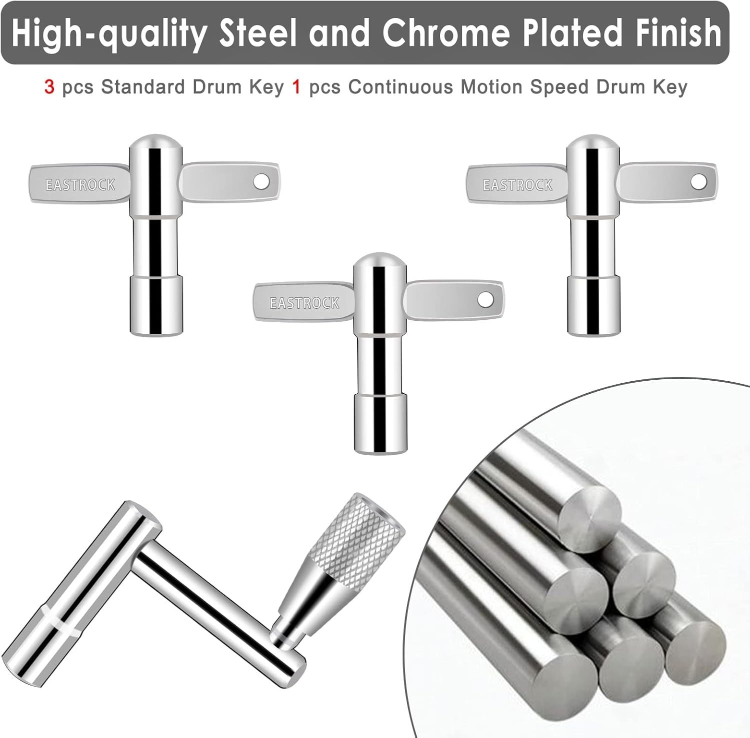 3-Pack Chrome-Plated Drum Keys with Continuous Motion Speed Tuner for All Drums