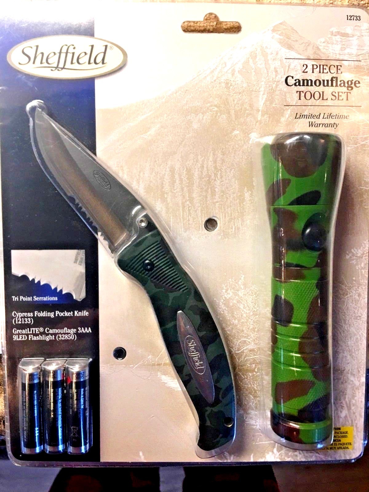 Sheffield 2 Piece Camouflage Tool Set, Pocket Knife 12133 & Flashlight 32850 New