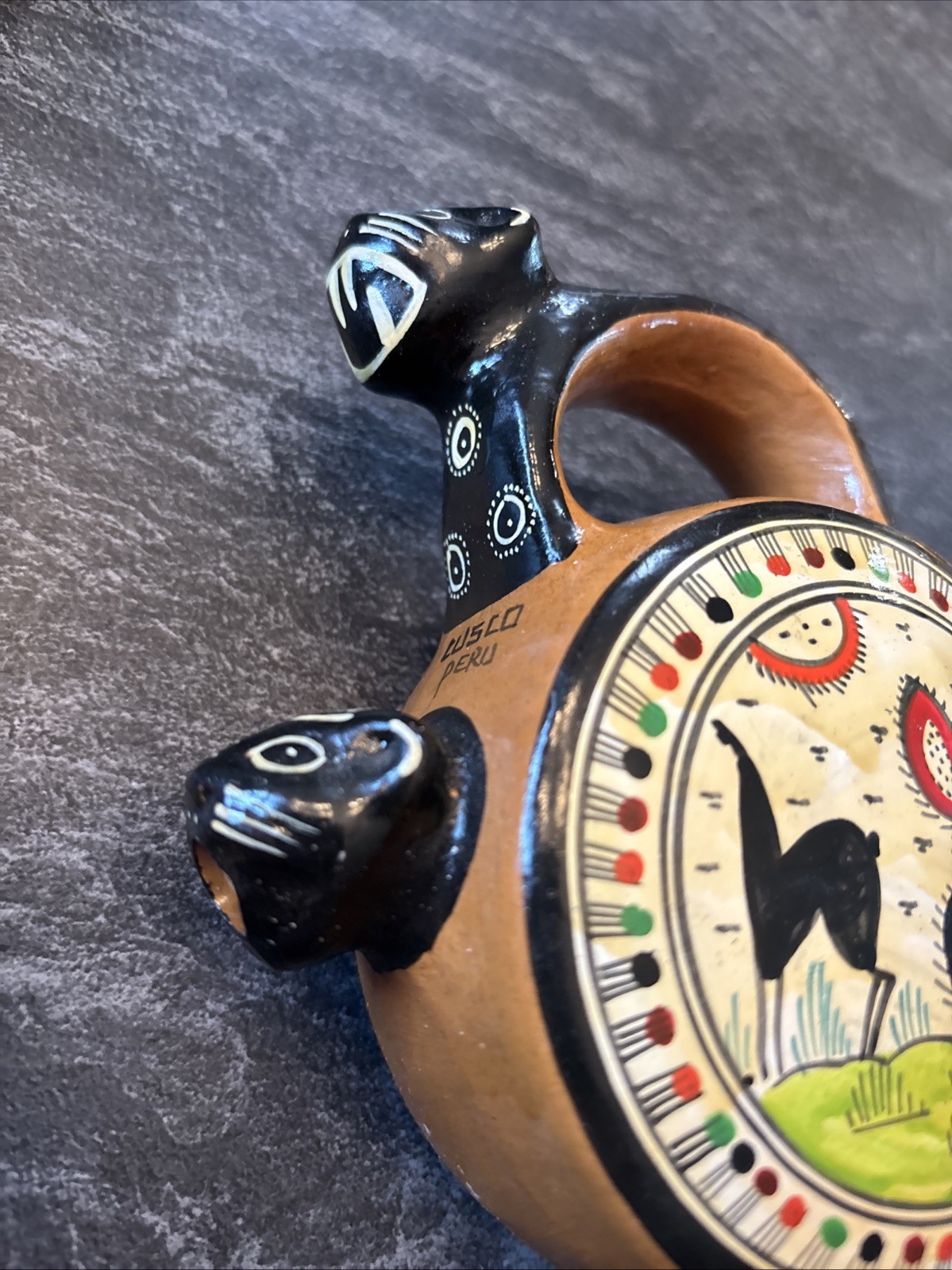 Vintage Peruvian Jaguar Pottery Vessel Hand Made 7" x 5" Cusco Peru INCA LOC CAB