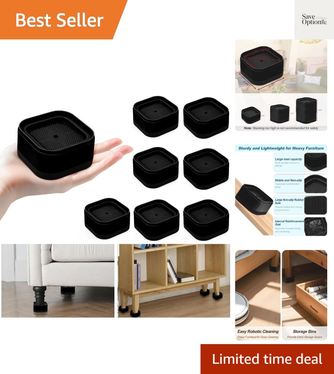8 Pack Furniture Risers, Adjustable Bed Risers Heavy Duty Stackable Bed Raise...