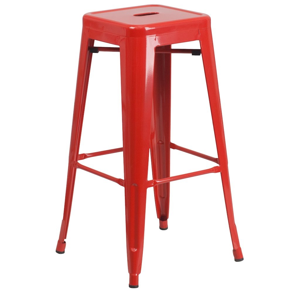 30" High Backless Red Metal Indoor-Outdoor Barstool with Square Seat
