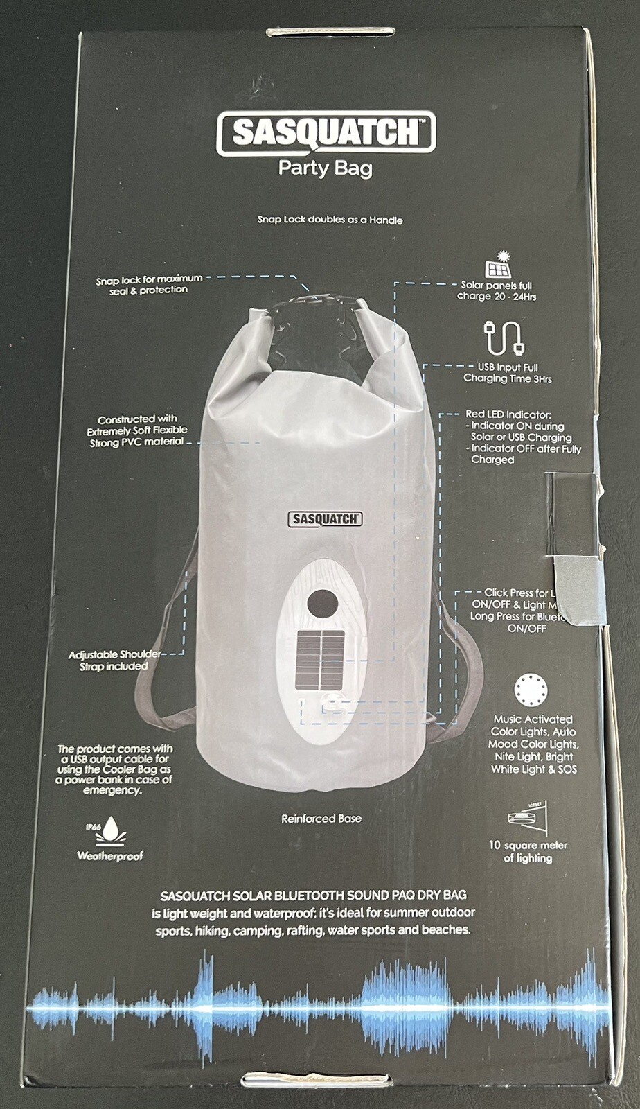 Sasquatch party bag cooler solar usb powered wireless speaker led backpack ice