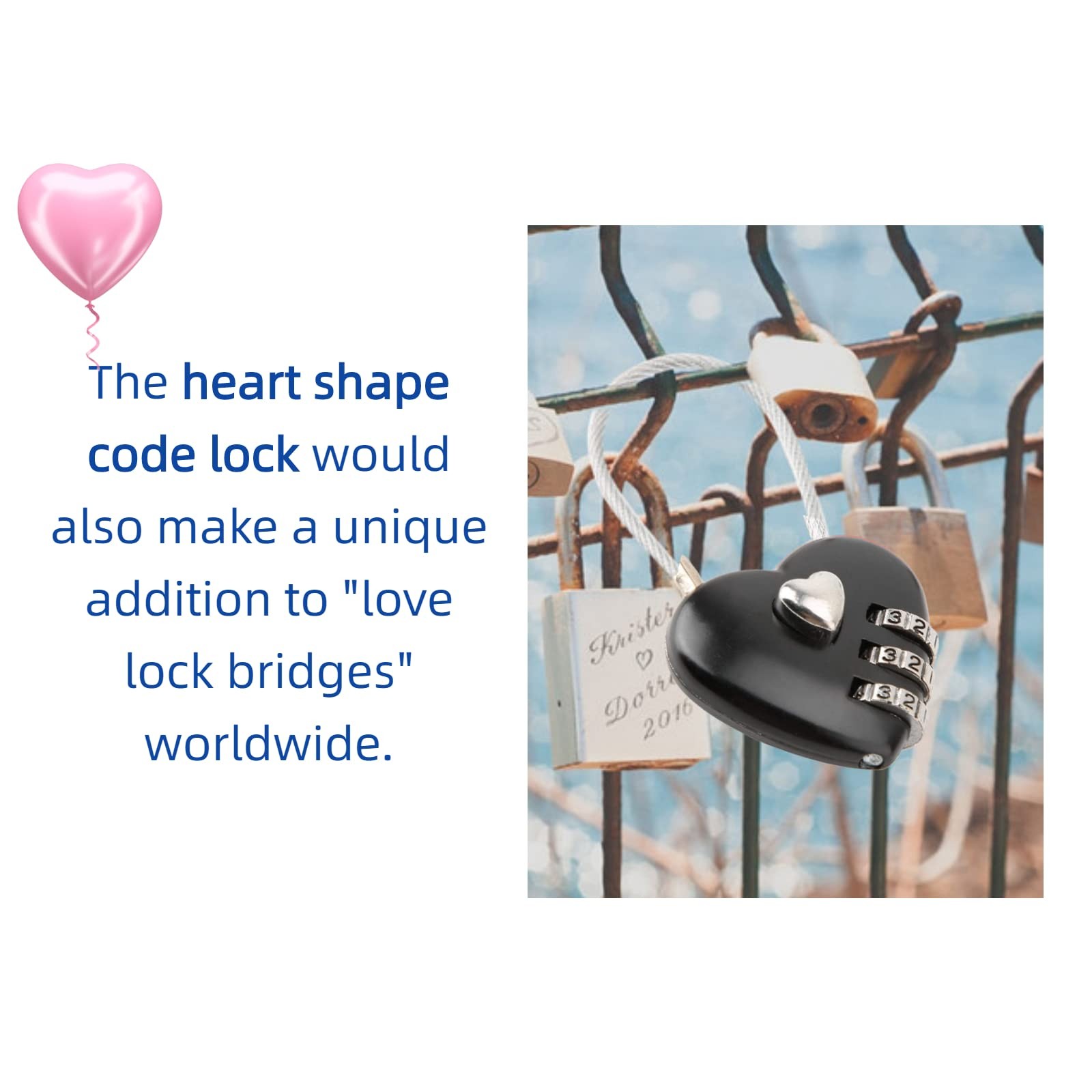 Heart Shape Code Lock Compact mini Size with 3 Digit Combination Black
