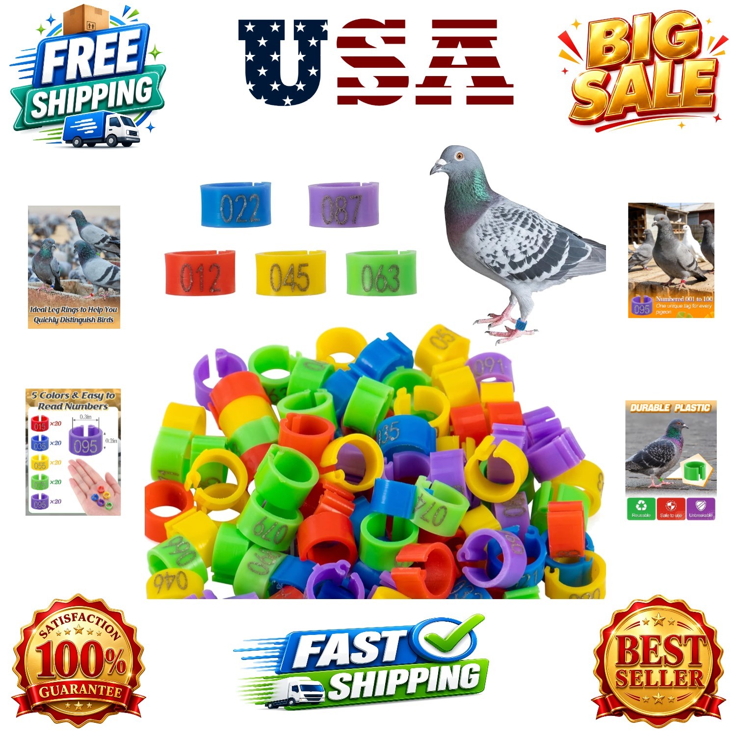 0.3in 100 Pcs Numbered Bird Pigeons Leg Identification Bands | Openable Reusa...