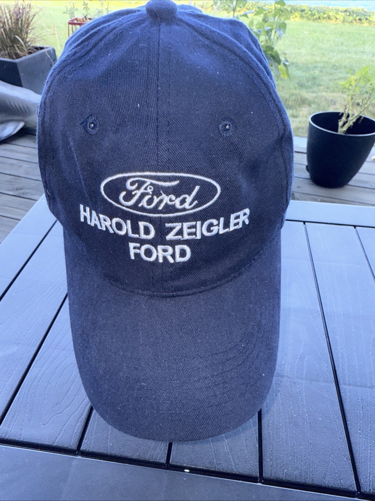 FORD Harold Ziegler White Navy Hat Cap Hook Loop Built Tough Ford Patch Back EUC