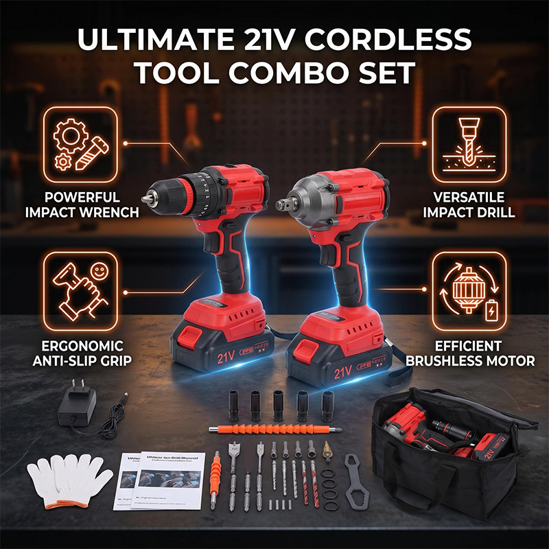 Cordless Impact Wrench and Impact Drill Set Long Runtime Brushless Tool