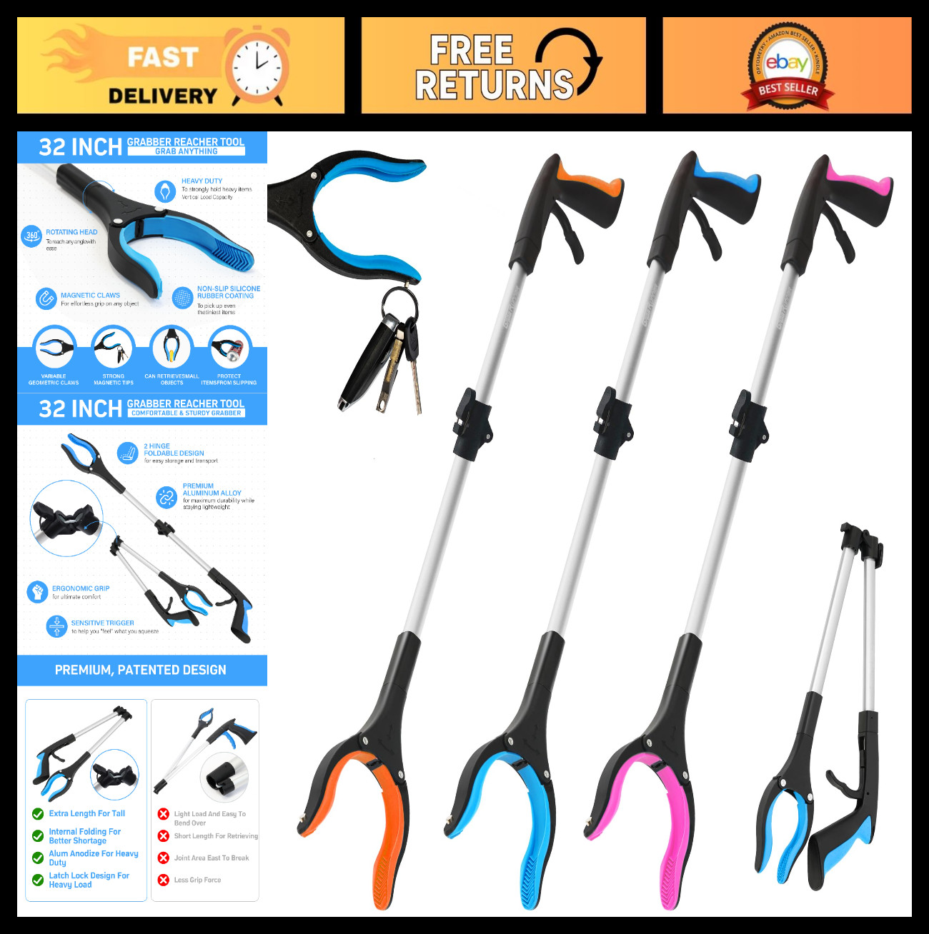 32" Foldable Grabber Reacher Tool - 3 Pack for Seniors & Disabled, Lightweight P