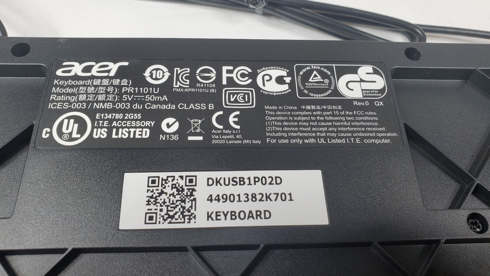 Acer Keyboard Wired USB Black PR1101U - New