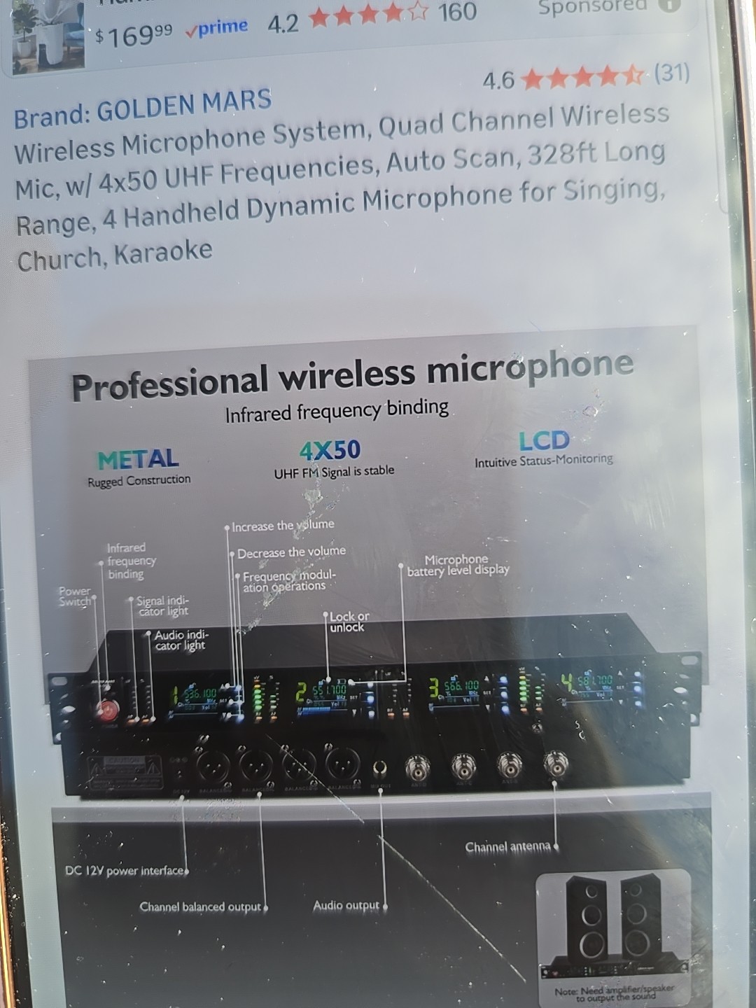 4 Wireless Microphone System, Quad Channel Wireless Mic, w/ 4x50 UHF Frequency