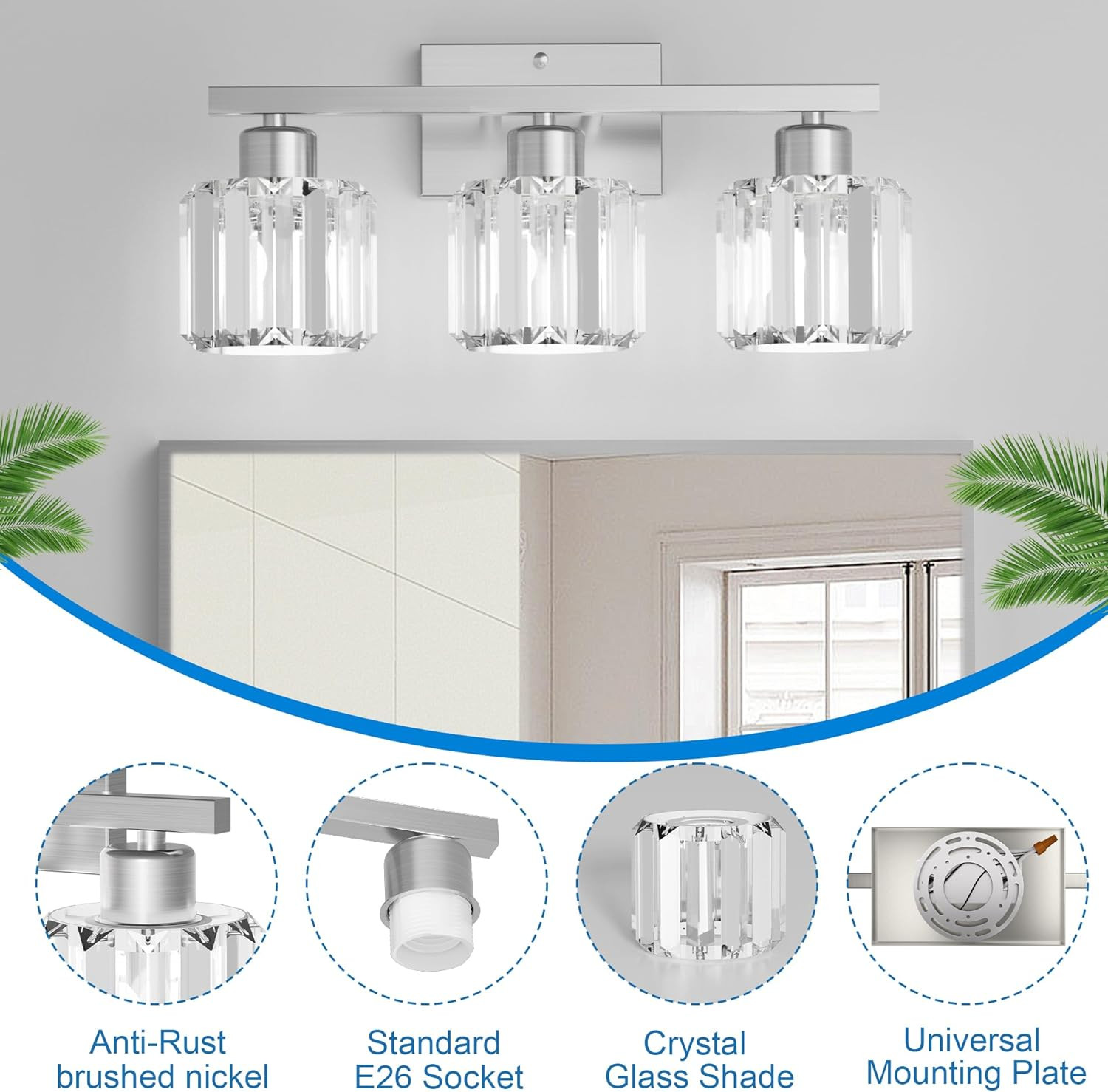 3-Light Bathroom Light Fixtures over Mirror, Brushed Nickel Crystal Wall Sconce