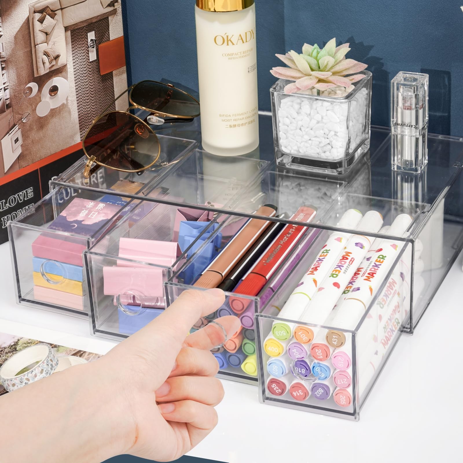 Desk Organizer with 4 Drawers, Stackable Desktop Storage Box with Removable D...