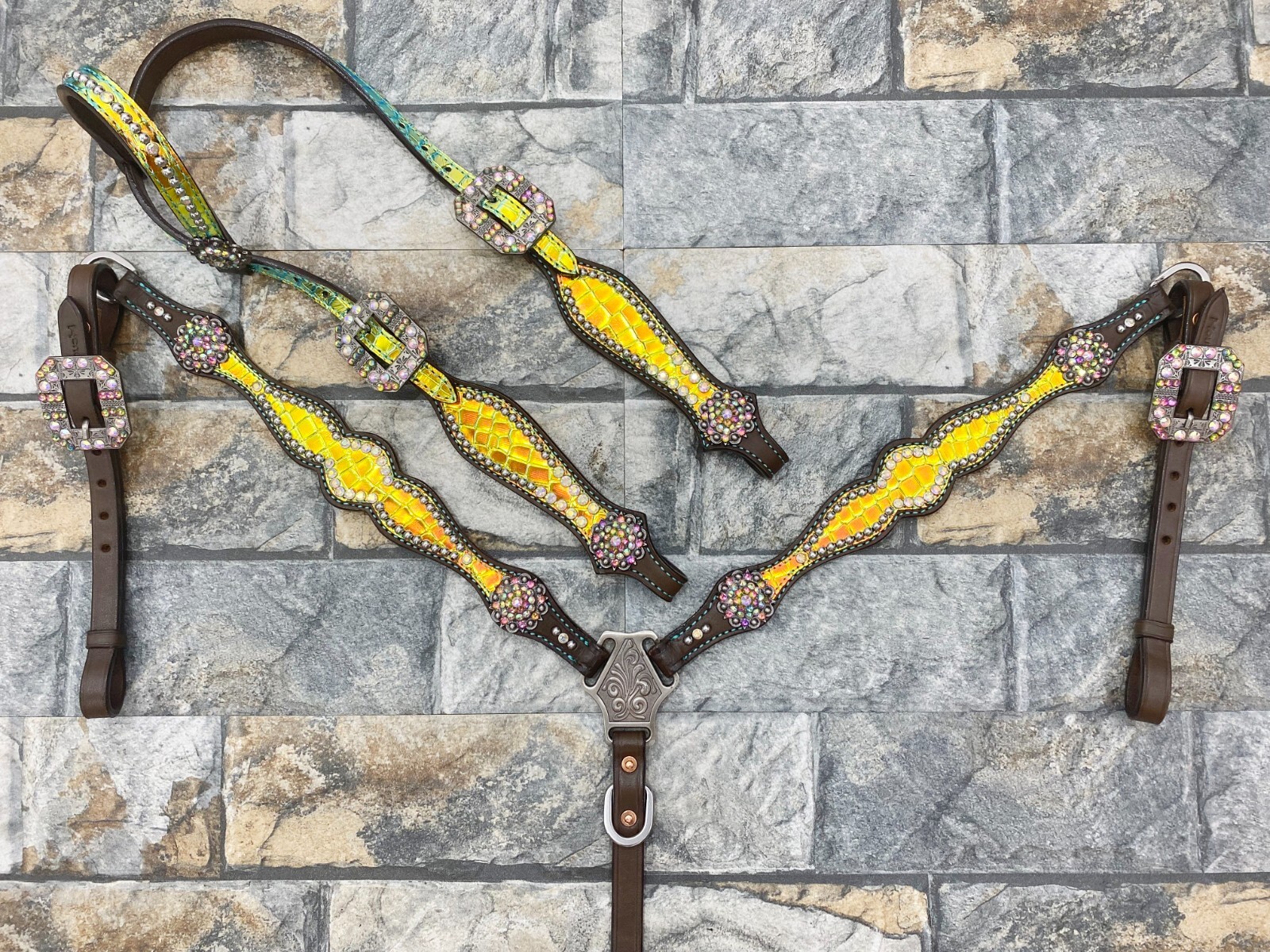Genuine Leather Western Headstall Breast Collar tack Set for Horse Decorated