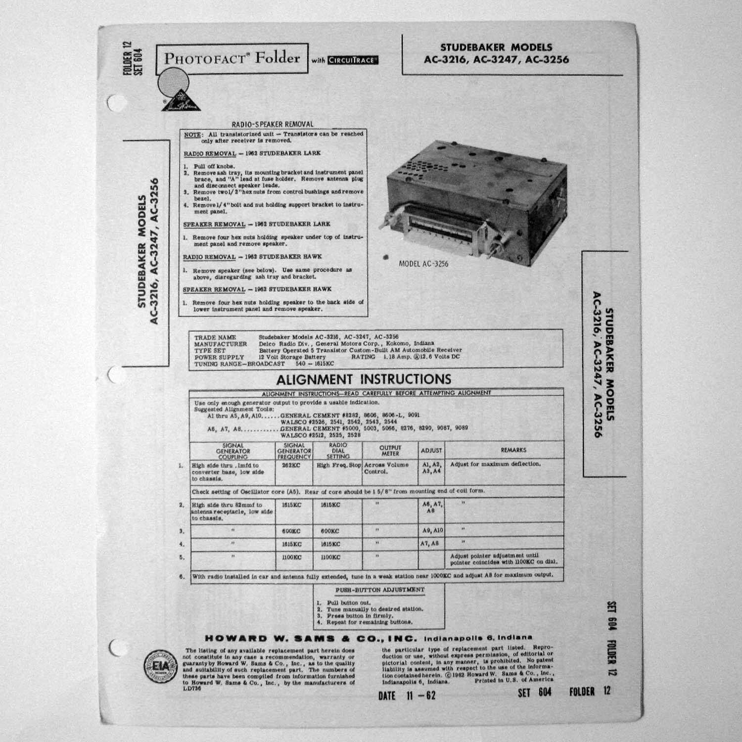 Studebaker Model AC-3216 AC-3247 AC-3256 Car Radio - SAMS Photofact ™ 1962 - New