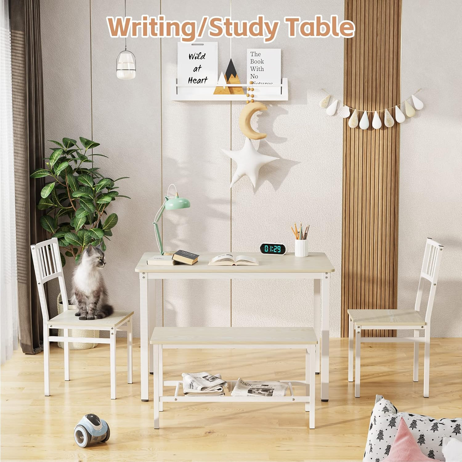 Beige 4-Piece Dining Table Set with 2 Chairs and Bench, 110CM