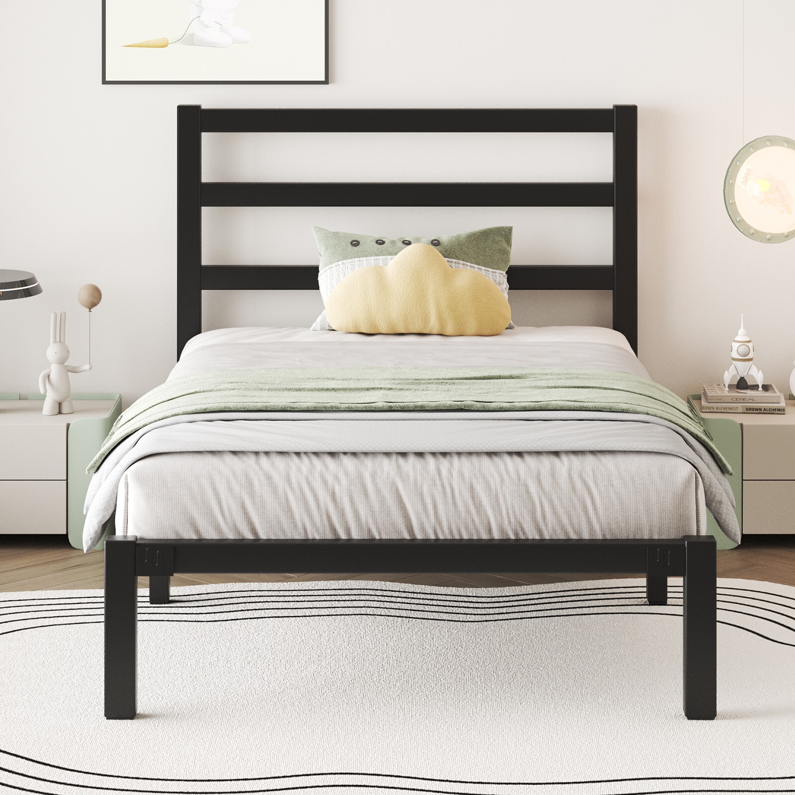 Twin Size Bed Frame with Headboard Strong Metal Slats Support