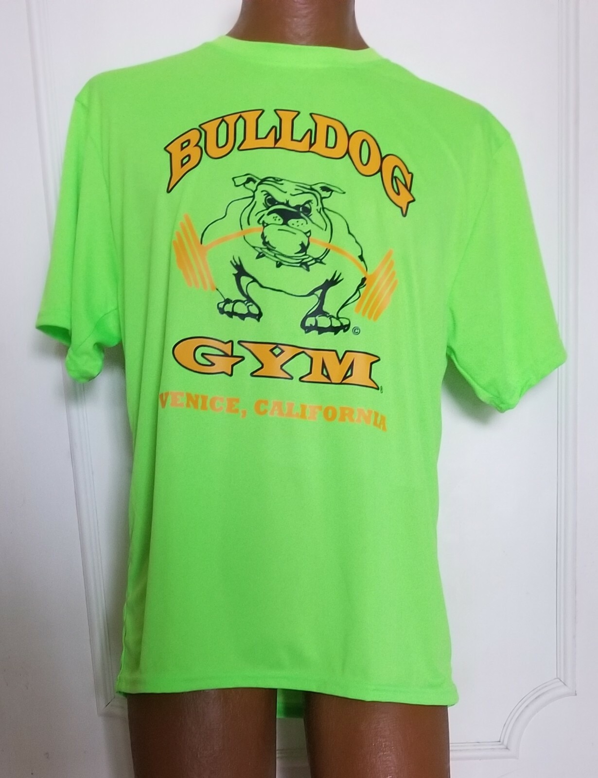 Bulldog Gym Muscle Workout Bodybuilding Lime / Vintage Gold T-Shirt NEW M L XL
