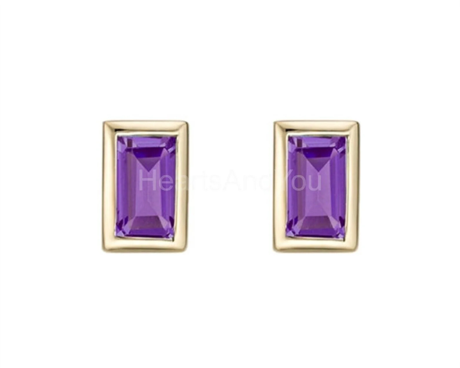 2ct Natural Amethyst Bezel Set Stud Women Earrings 14k Solid Yellow Gold