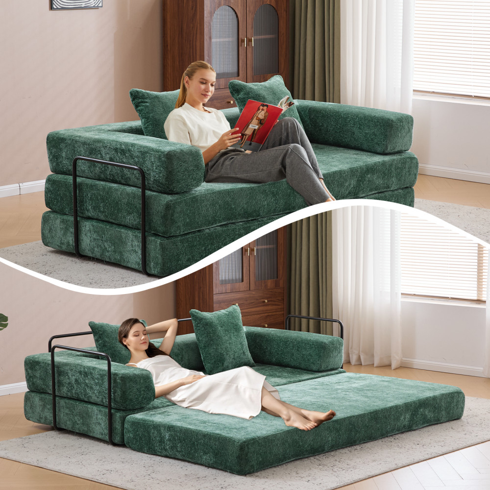 Memory Foam Foldable Sofa Bed 3-Seat Futon for Living Room, Dark Green Chenille